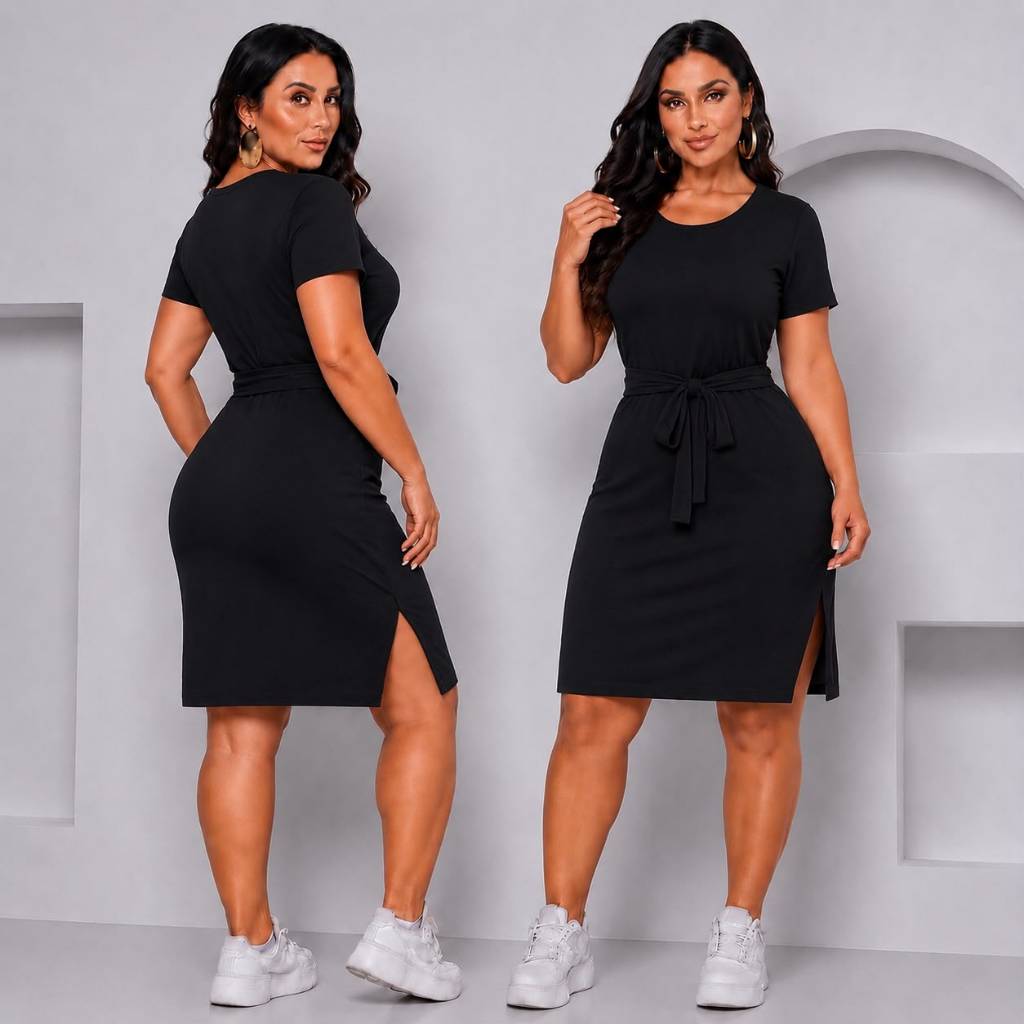 Vestido Midi com Laço e Fenda lateral moda casual básico