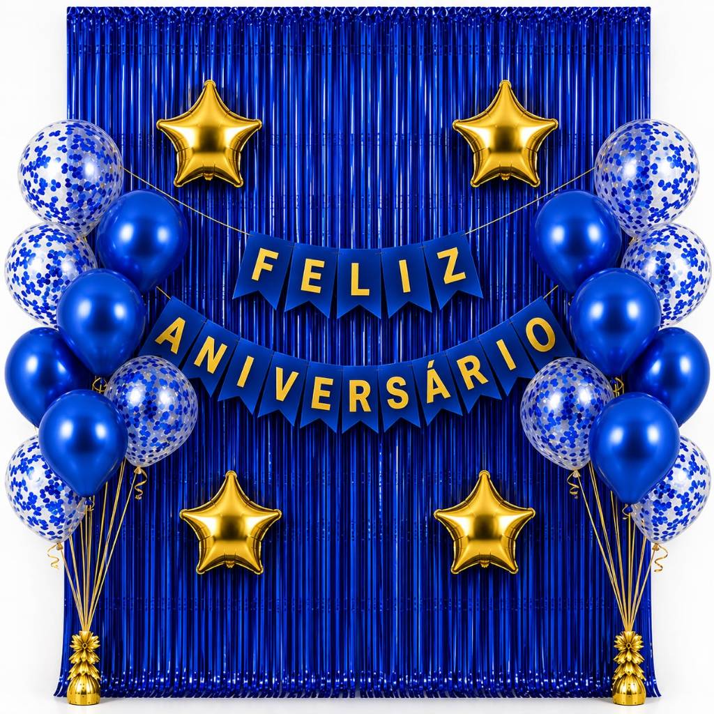 Kit Decoração Festa Completa 2 Cortina Metalizada 2x1+20 Bexigas+4 Estrelas Metalizada 9" 22cm+Varal Feliz Aniversário