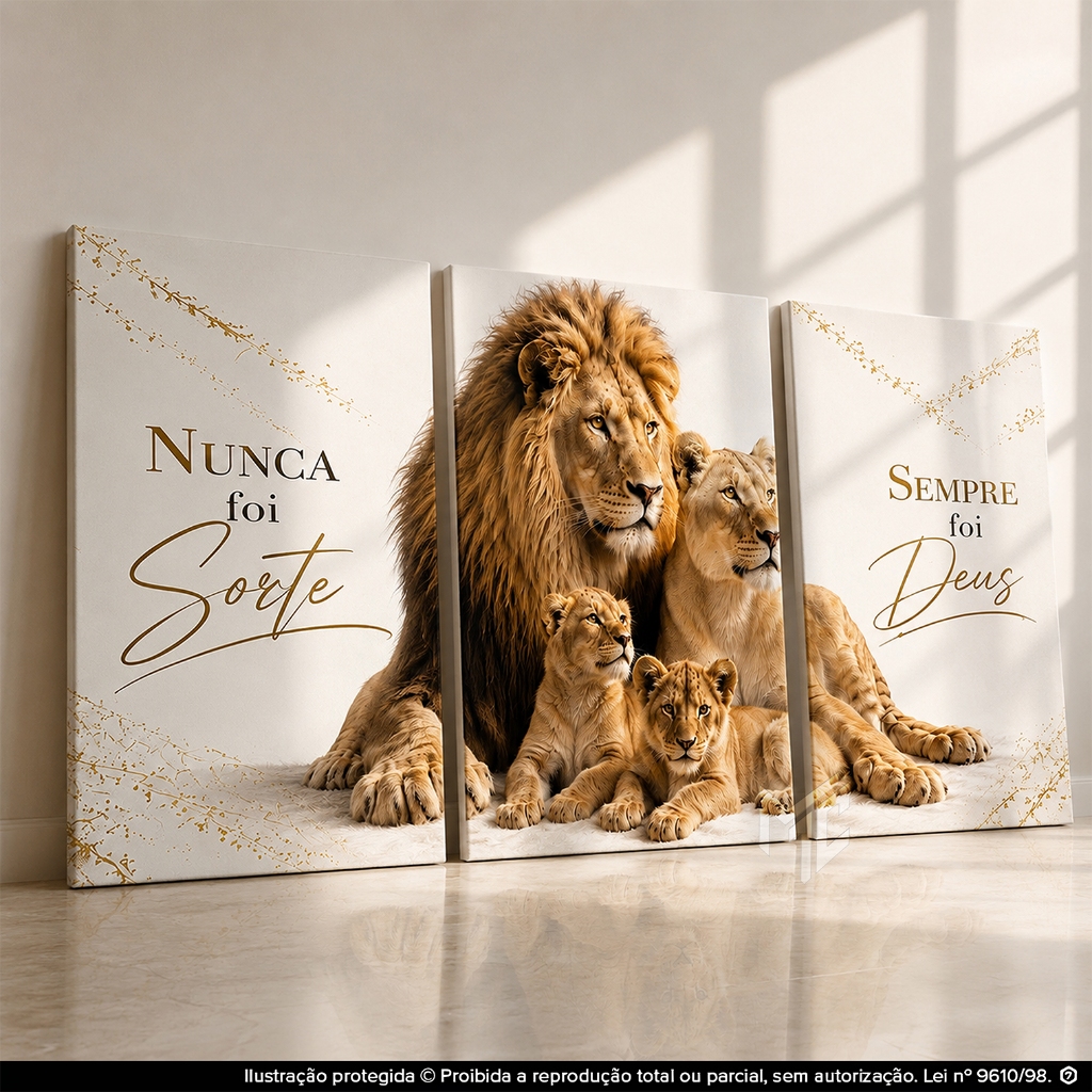 Kit 3 Quadros Decorativos Leão e Família Nunca Foi Sorte Sempre Foi Deus Religioso Cristão