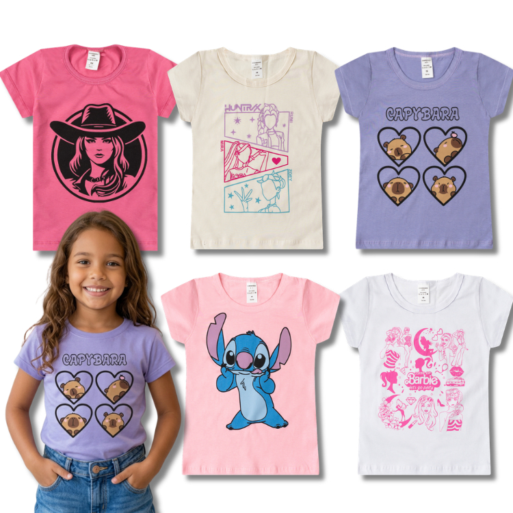 Kit Sortido 04 Blusas Femininas Estampadas do 03 ao 16 Anos Infantil Juvenil Manga Curta Menina