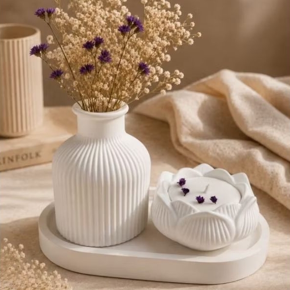 Kit Decorativo Luxo Flor de Lótus + Bandeja + Vaso + Vela | Artesanal