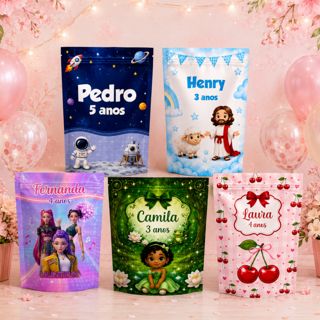 Saquinho  Metalizado Zip lock 10x15 Personalizado/Lembrancinha de aniversário infantil/ Escolha seu tema