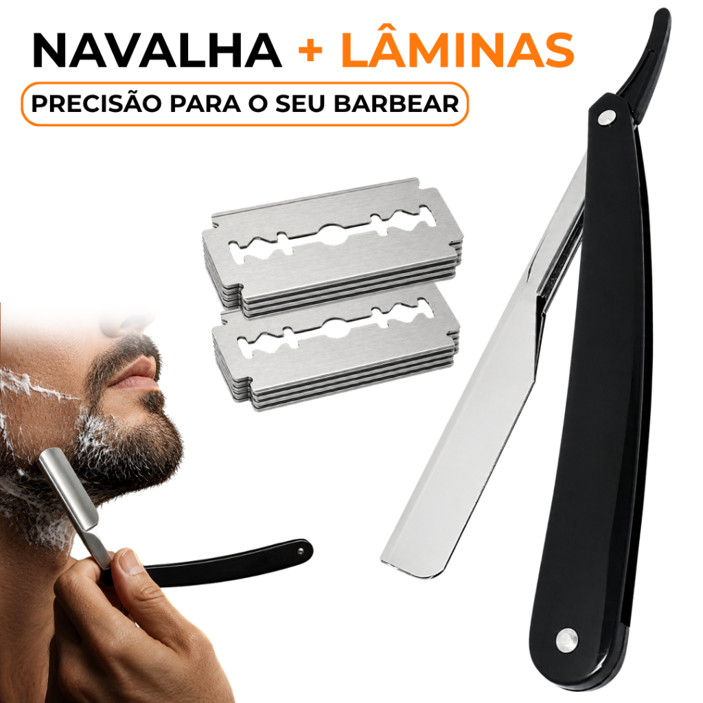 Navalha Profissional Barbeiro Navalhete + Lâminas Aço Inox Kit Barbear Masculino De Acabamento Barba