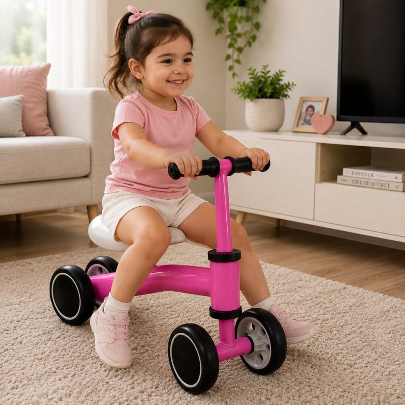 Bicicleta Infantil de Equilíbrio Sem Pedais Rosa Azul 4 Rodas Andador Desenvolvimento Motor Leve