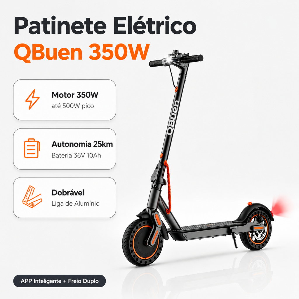Patinete Elétrico QBuen 350W Bateria 36V 10Ah Autonomia 25km App Bluetooth Freio Duplo Pneu Sólido 8,5" IP65
