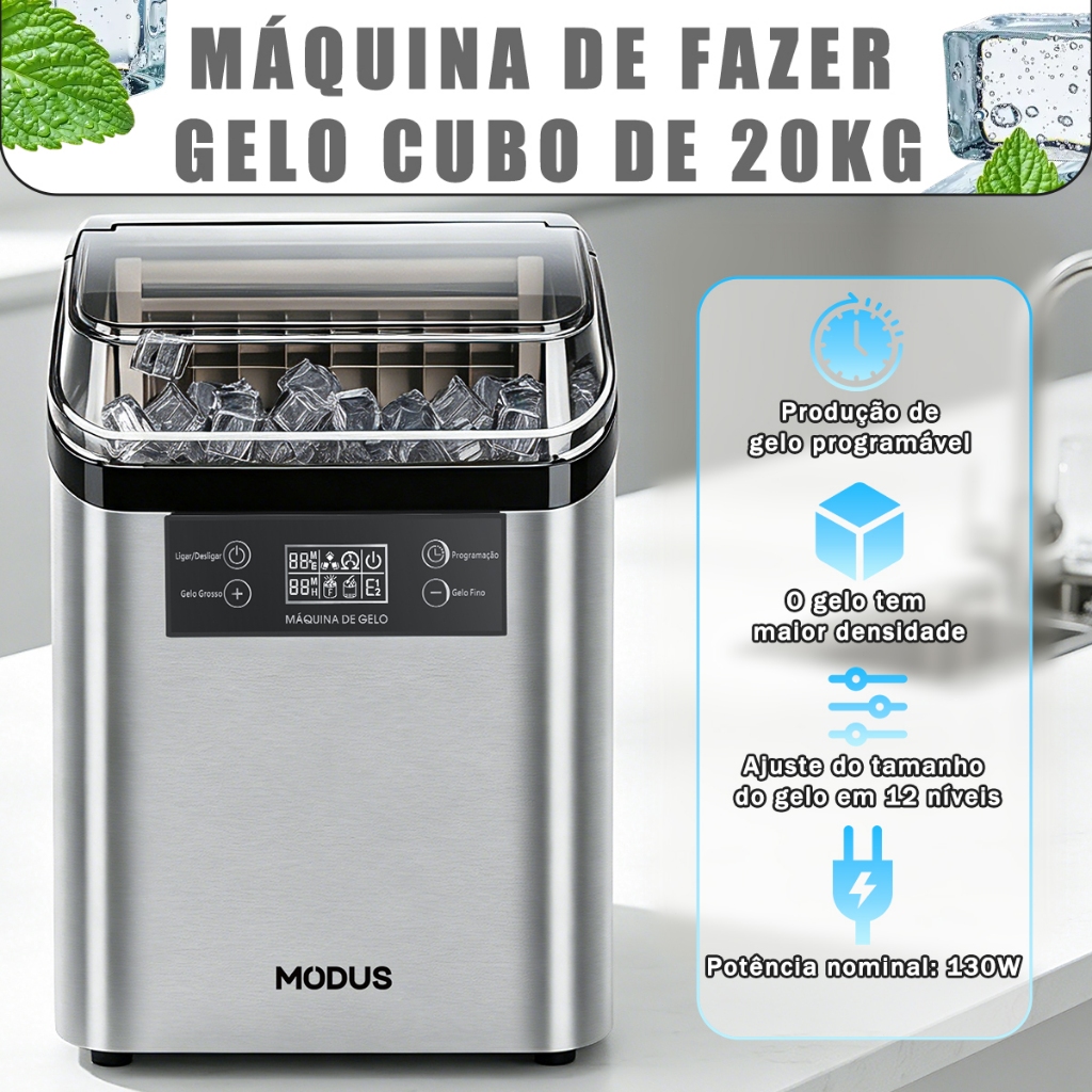 Máquina De Gelo Cubo Premium Inox Portátil Automática, Depósito 16kg, Produção 20kg/24h, Tela LCD Espessura Ajustável · foto 2