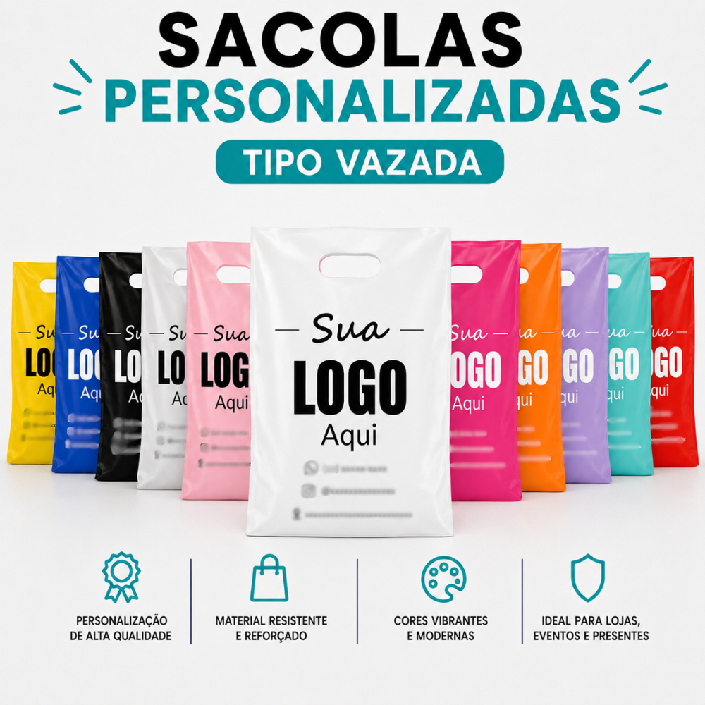 Sacolas Plásticas Para Loja Personalizadas - 20x30 cm - Alça Vazada - 1000 Unidades