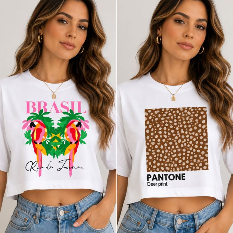 Kit Cropped Feminino Oversized Estampado Algodão Premium Camiseta Feminina Casual Moda Verão 2 Peças