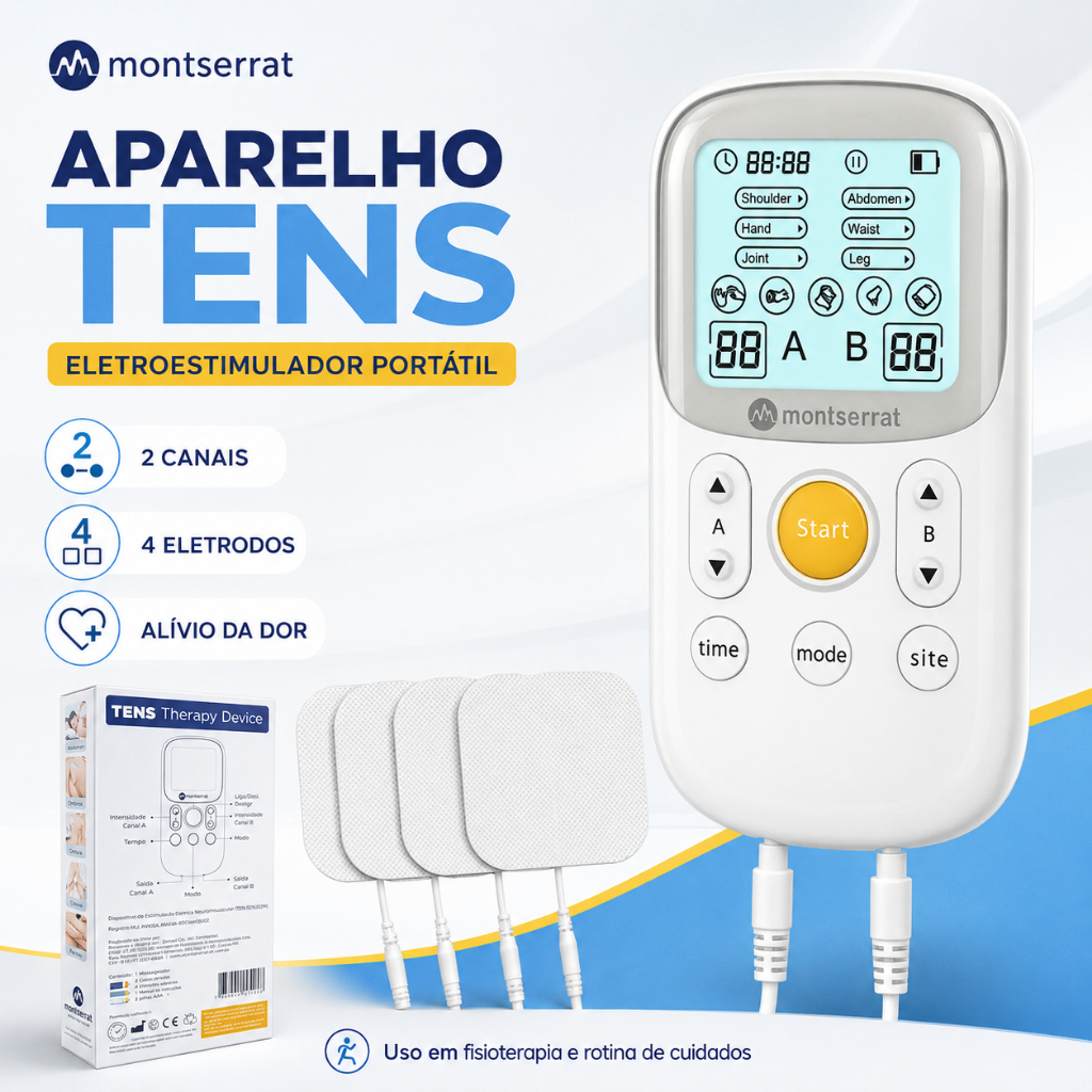 Aparelho Tens Massageador Estimulador Neuromuscular Montserrat Alívio da Dor Fisioterapia