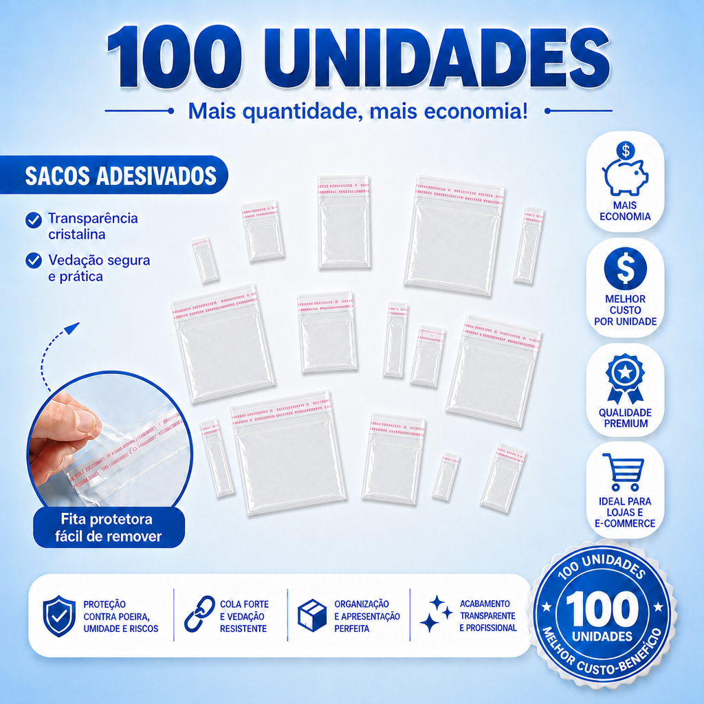Saco Plástico Adesivado Transparente Sem Furo Pequeno - Diversos Tamanhos - 100 Unidades - Rizzo