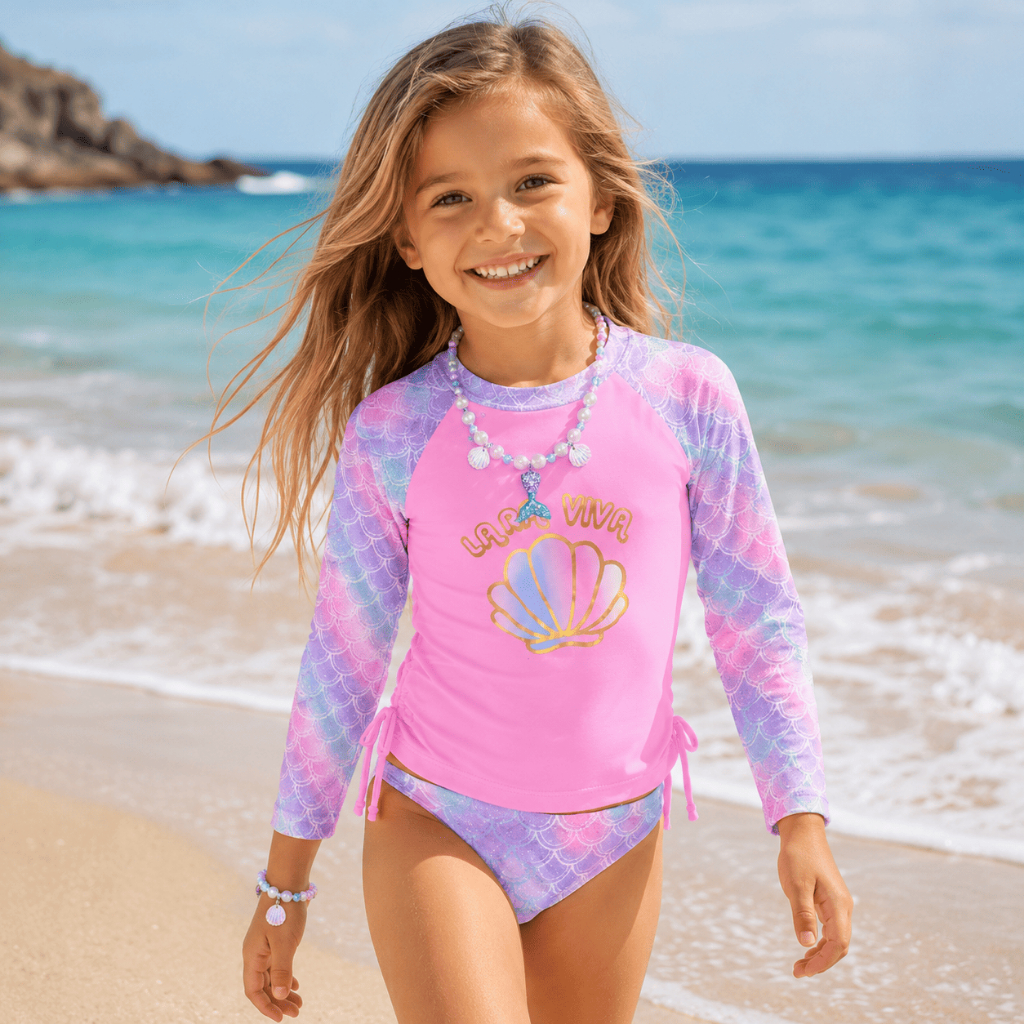 Conjunto Infantil UV Proteção Solar Sereia Manga Longa Praia Piscina Menina Tamanho 4 a 12 Anos