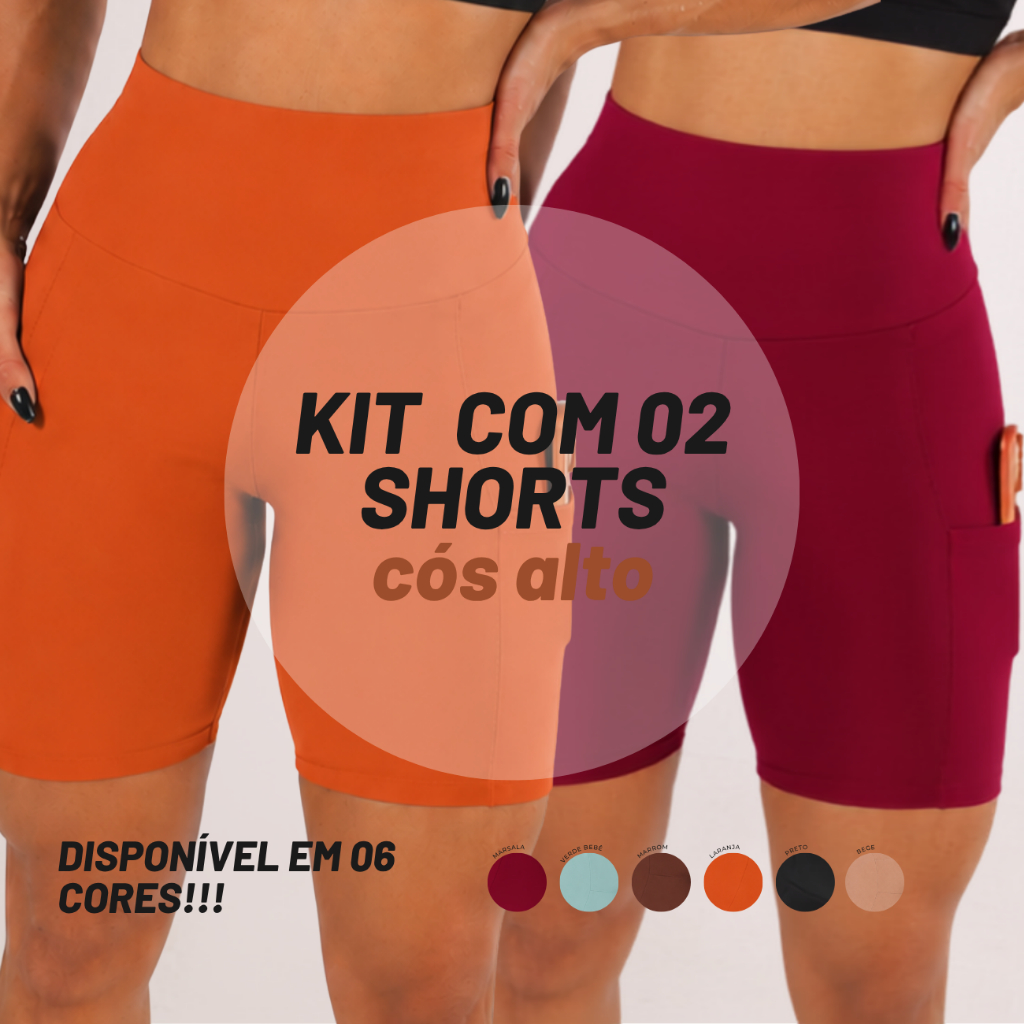 Kit 2 Short Fitness Feminino Cintura Alta com Bolso Modelador para Academia e Treino