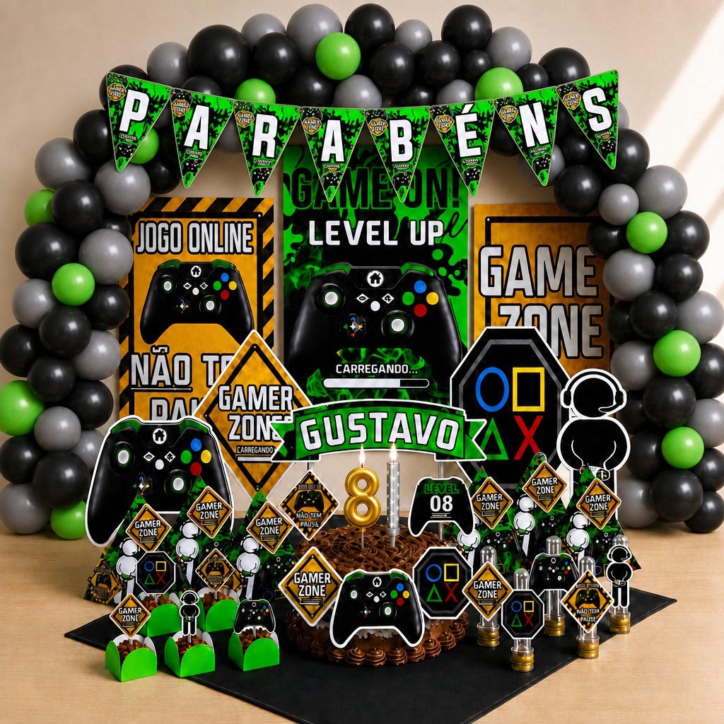 Kit Festa Aniversário Vídeo Game Gamer Personalizado 78 Itens Decoração Completa Menino Lembrancinhas