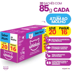 Caixa Ração Úmida 85 g Sachê Atum ao Molho para Gatos Adultos Whiskas - Pague 16 Leve 20