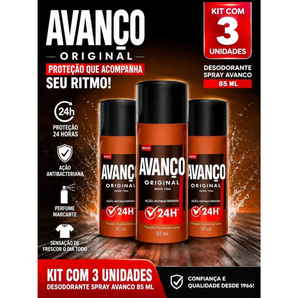 KIT COM 3 UNIDADES DESODORANTE ANTIBACTERIAL SPRAY AVANÇO ORIGINAL 85ML CADA FRASCO