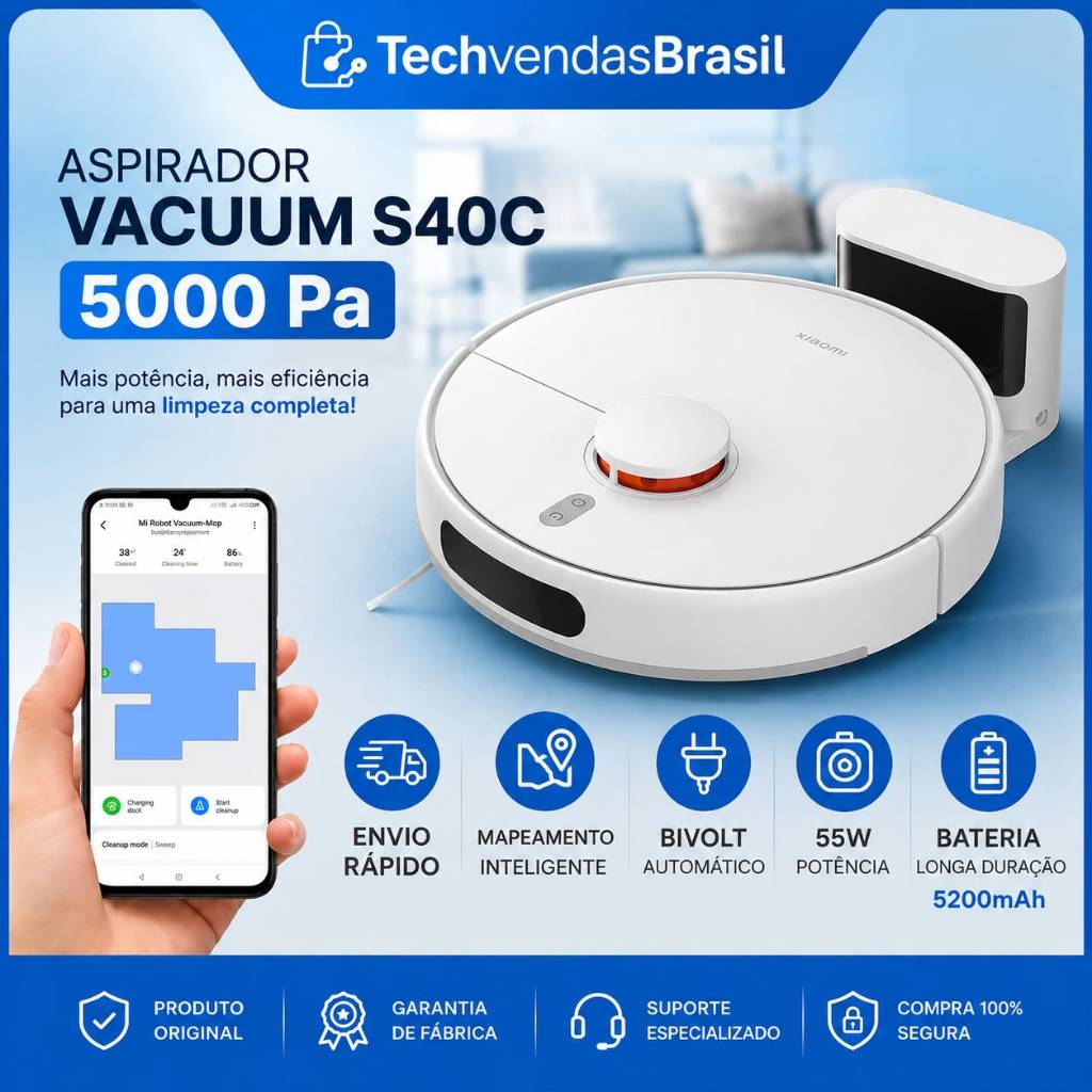 Robô Aspirador Inteligente Xiaomi S40C | 5.000 PA 55W Bivolt mapeamento wifi
