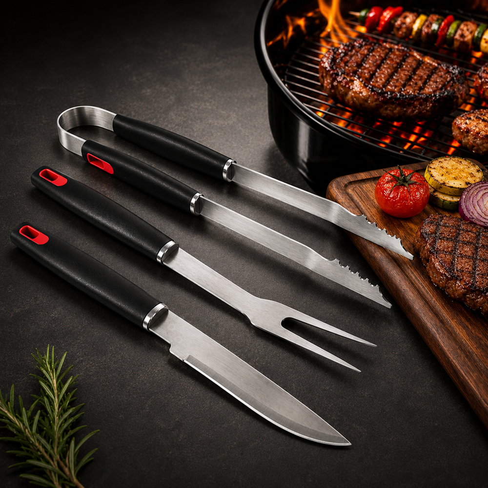 Conjunto Kit Churrasco 3 Peças Com Faca Garfo Pegador Moob Profissional