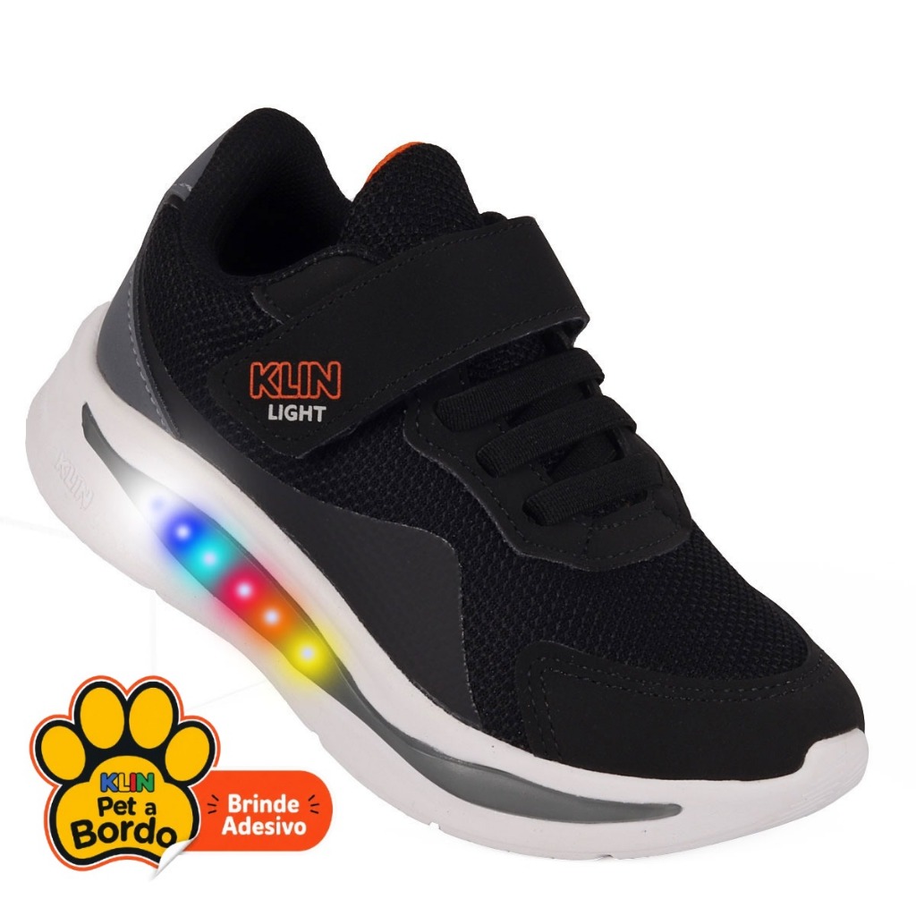 Tênis Infantil Klin Flash com LED e Fechamento em Fita Dupla Aderente - Preto/Laranja
