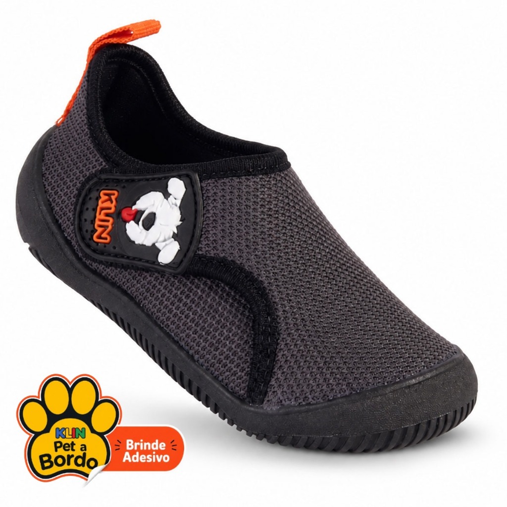 Tênis Infantil Menino Klin Hug Calce Fácil Velcro Primeiros Passos Grafite e Laranja com Detalhe de Cachorrinho