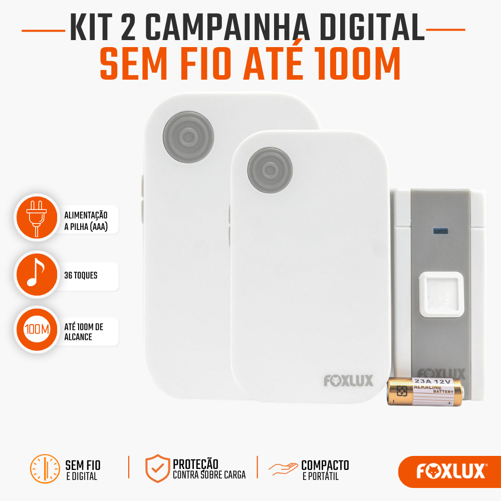 Campainha Sem Fio Foxlux FX CAD 6 36 Toques Alcance 100m IP44 com Volume Ajustável Kit com 2