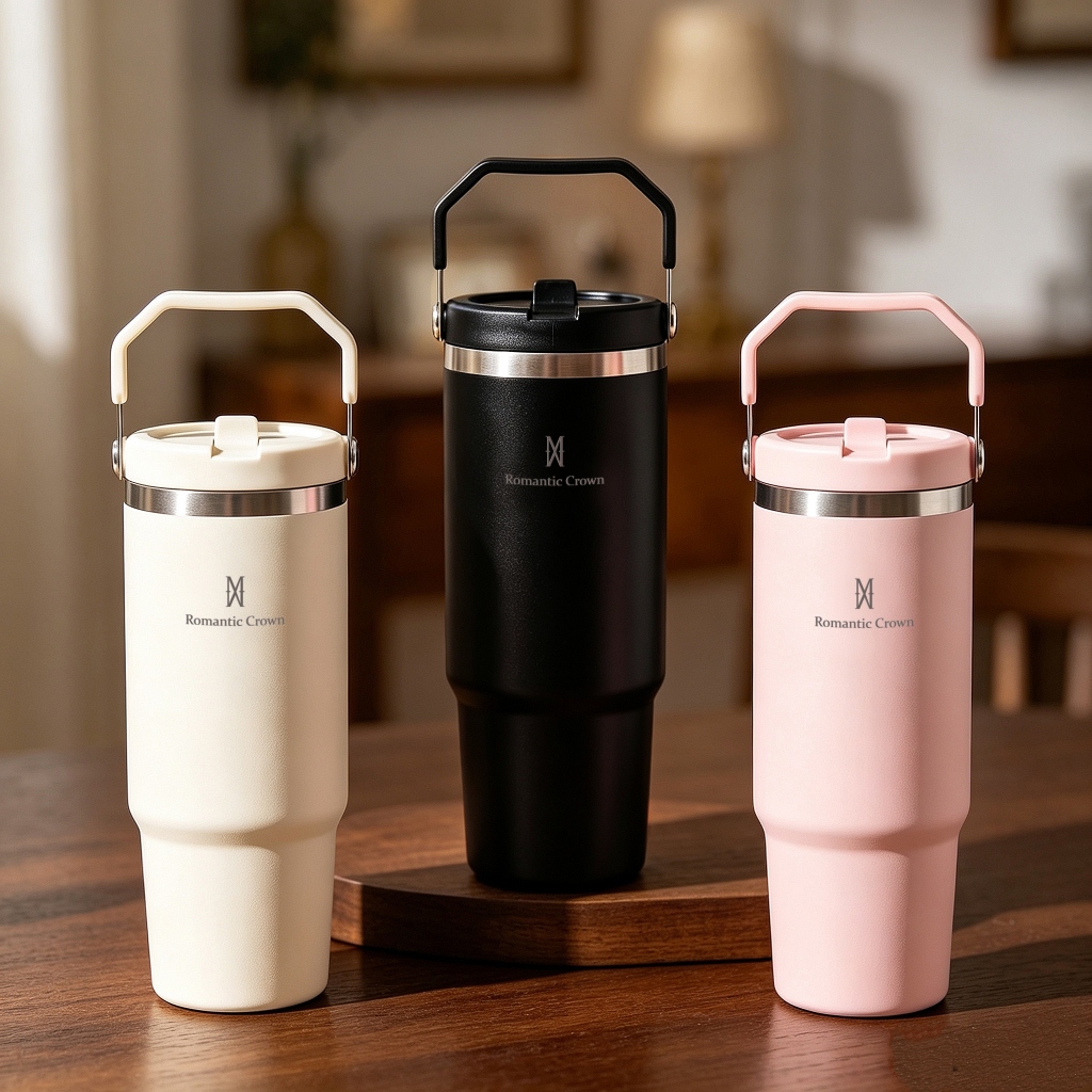 Imagem ROMANTIC CROWN Garrafa Térmica Inox 900ml Portátil com Bico e Alça Flip Tumbler para Academia e Trabalho