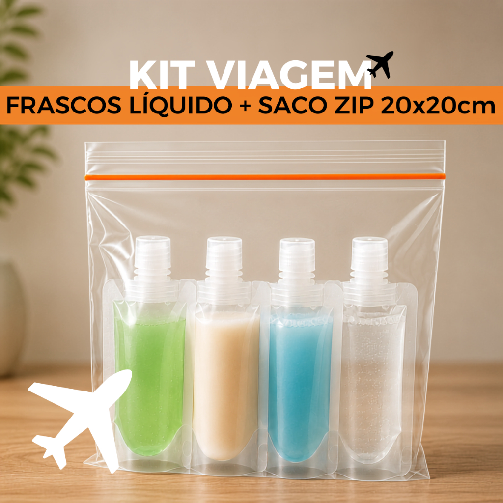 Frascos de Viagem para Líquidos + Saco Zip 20x20 Avião Internacional ANAC