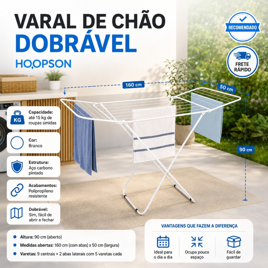 Varal de Chão Reforçado com Abas Retrátil Aço Branco Dobrável Portátil Inoxidável Alta Resistência