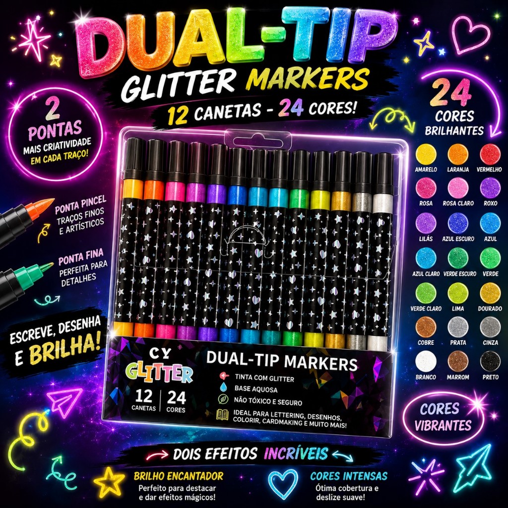 Caneta de glitter para desenho e escrita, 12/24/36/48, ponta dupla e brilhante