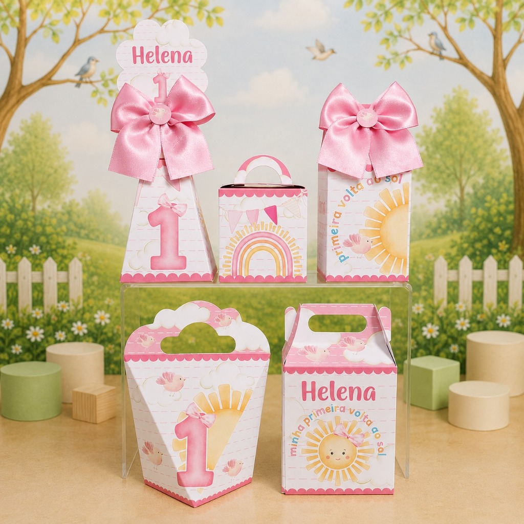 Kit Caixinhas Personalizadas (Pegue e Monte) Minha Primeira Volta ao Sol Menina Lembrancinhas de Aniversário
