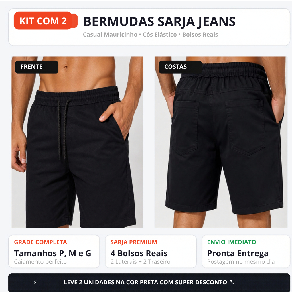 Kit 2 Bermudas Masculinas Sarja Jeans Preta Bolsos Casual Mauricinho - Academia - Praia  Com Elástico Cordão