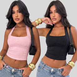 Kit 2 Blusa Feminina Top Halter Cropped Frente Única Costas Nua