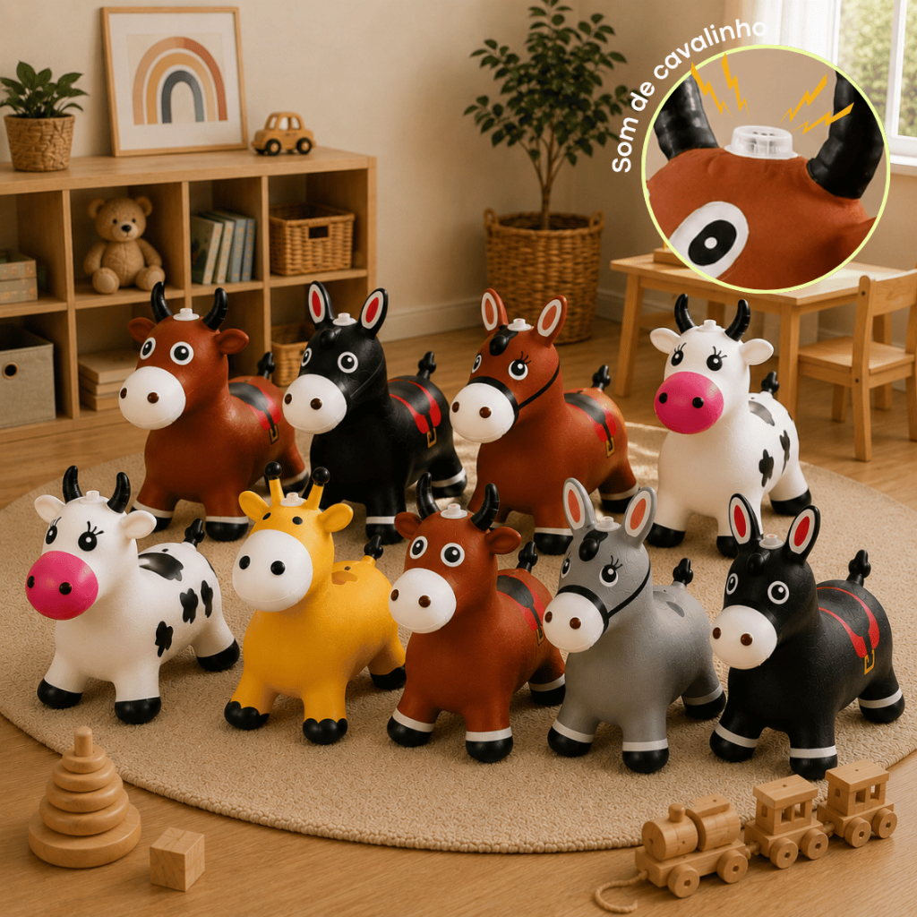Upa Upa Infantil Pocotó Pula Pula Inflável Luz e Som Brinquedo Vaquinha Girafa Burrinho