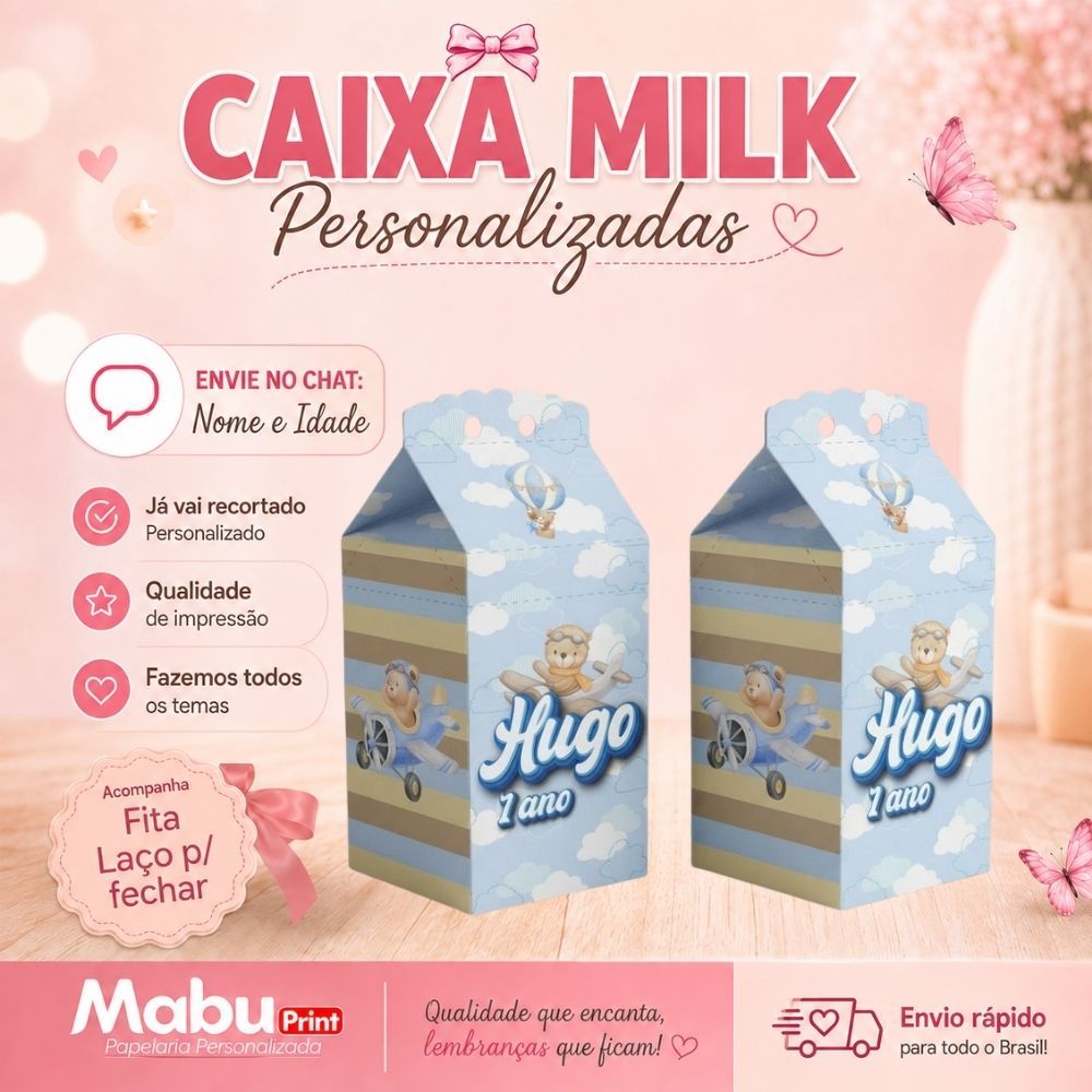Kit Caixinhas Milk Personalizada Com Nome Tema URSINHO AVIADOR Personalizada Lembrancinhas de Festa - Caixa Milk