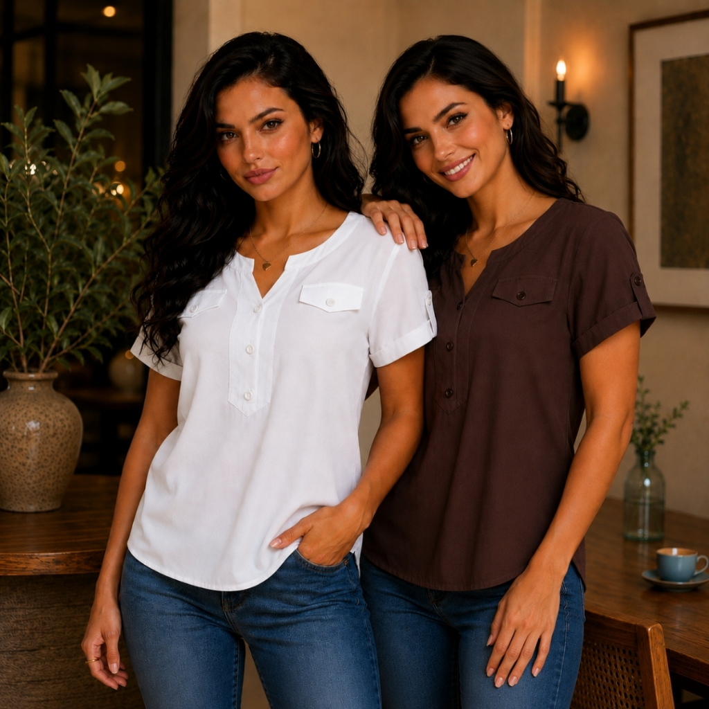 KIT 2 Blusa Viscolinho Feminina Gola V Manga Curta Elegante Casual Blusa Soltinha Feminina Confortável Trabalho Passeio