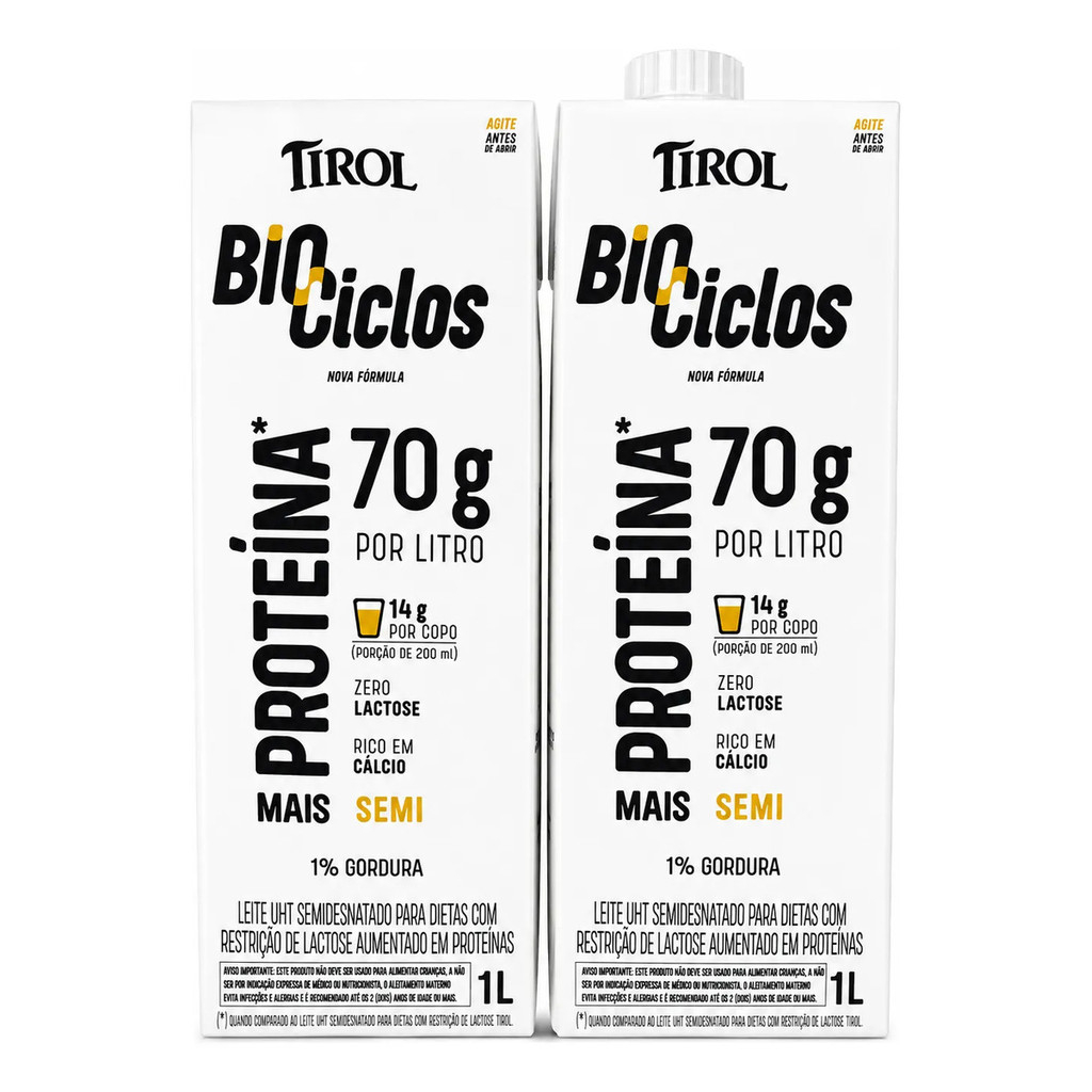 Kit 2 Caixa Leite Bio Ciclos Tirol Mais Proteína 70g Por Litro Zero Lactose Semidesnatado 2L Total — imagem 2 de 2