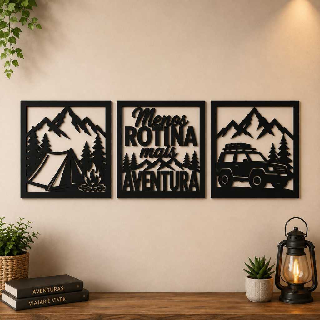 Quadro Decorativo Camping Natureza Acampar Barraca Aventura Kit 3 Quadrinhos Placa Decoração Sala Quarto Áreas de Lazer