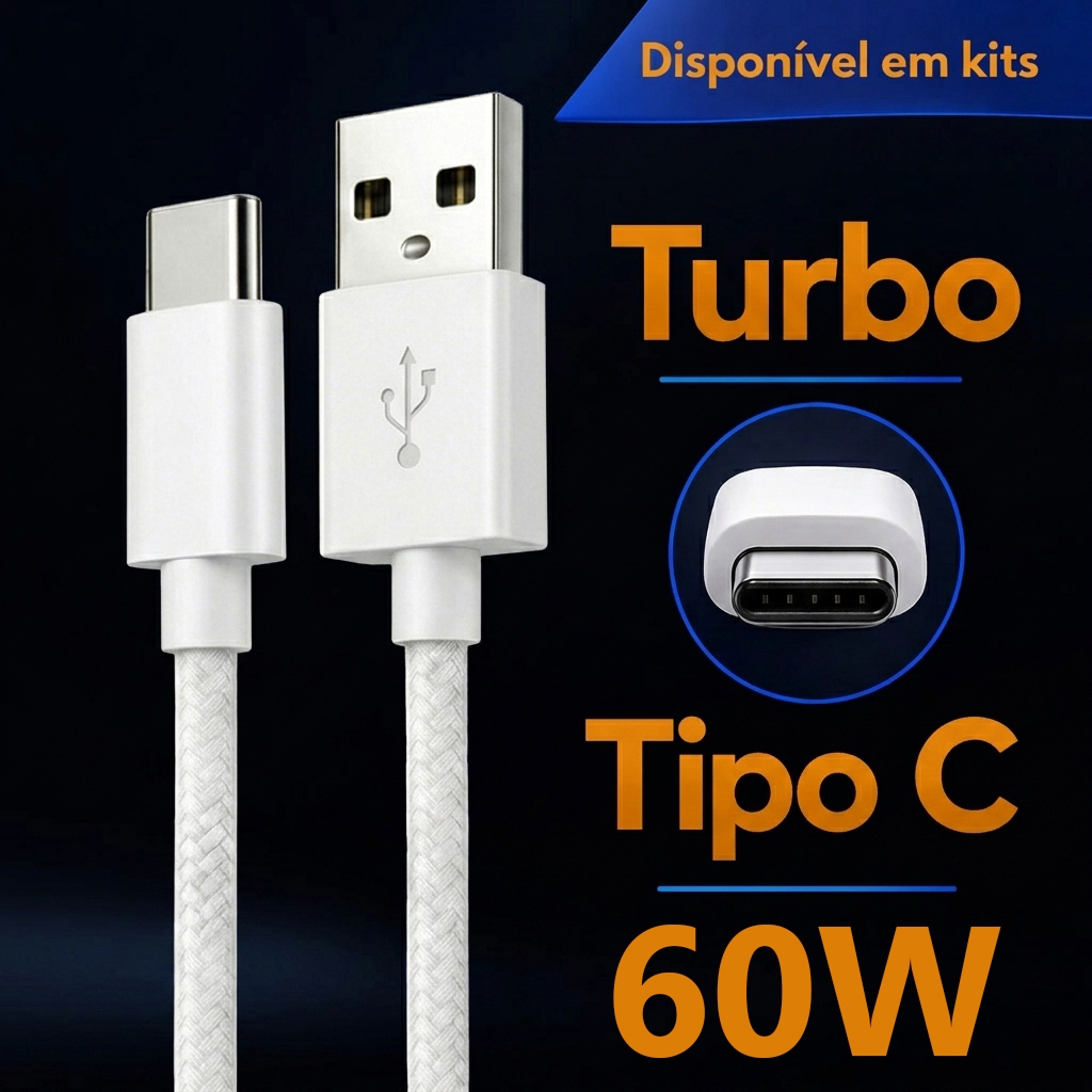 Cabo USB Tipo‑C Turbo Carregamento Rápido Reforçado Trançado