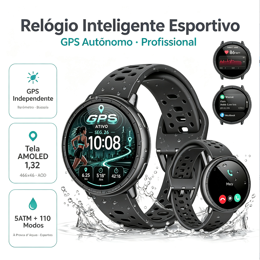 NOVANTE Relógio Inteligente Esportivo GPS Independente Tela AMOLED 1.32" 5ATM Monitor Saúde Chamada Bluetooth