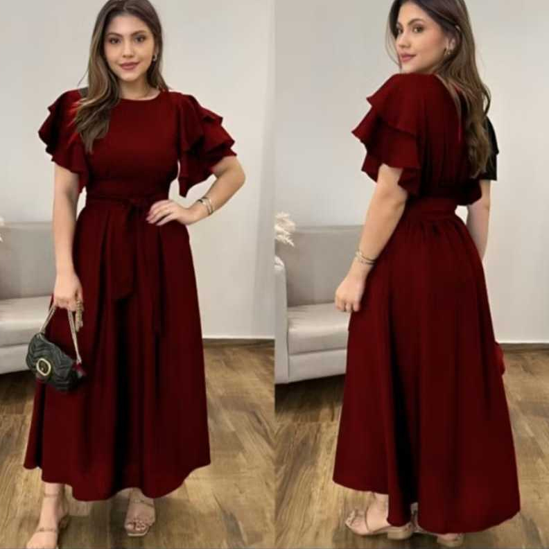 vestido mídi com bolso manga bufante babado princesa cinto moda evangelica blogueira festa