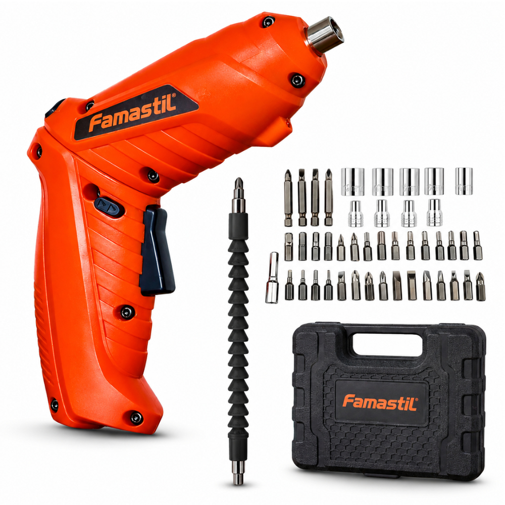Kit Parafusadeira Doméstica Com Maleta 49 Peças Sem Fio Recarregável USB Articulada Famastil