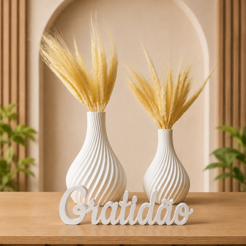 Kit 2 Vasos Branco Decorativos + Letreiro Enfeite de Plástico Sala, rack, Casa e Escritório Decoração Moderna Trigo seco