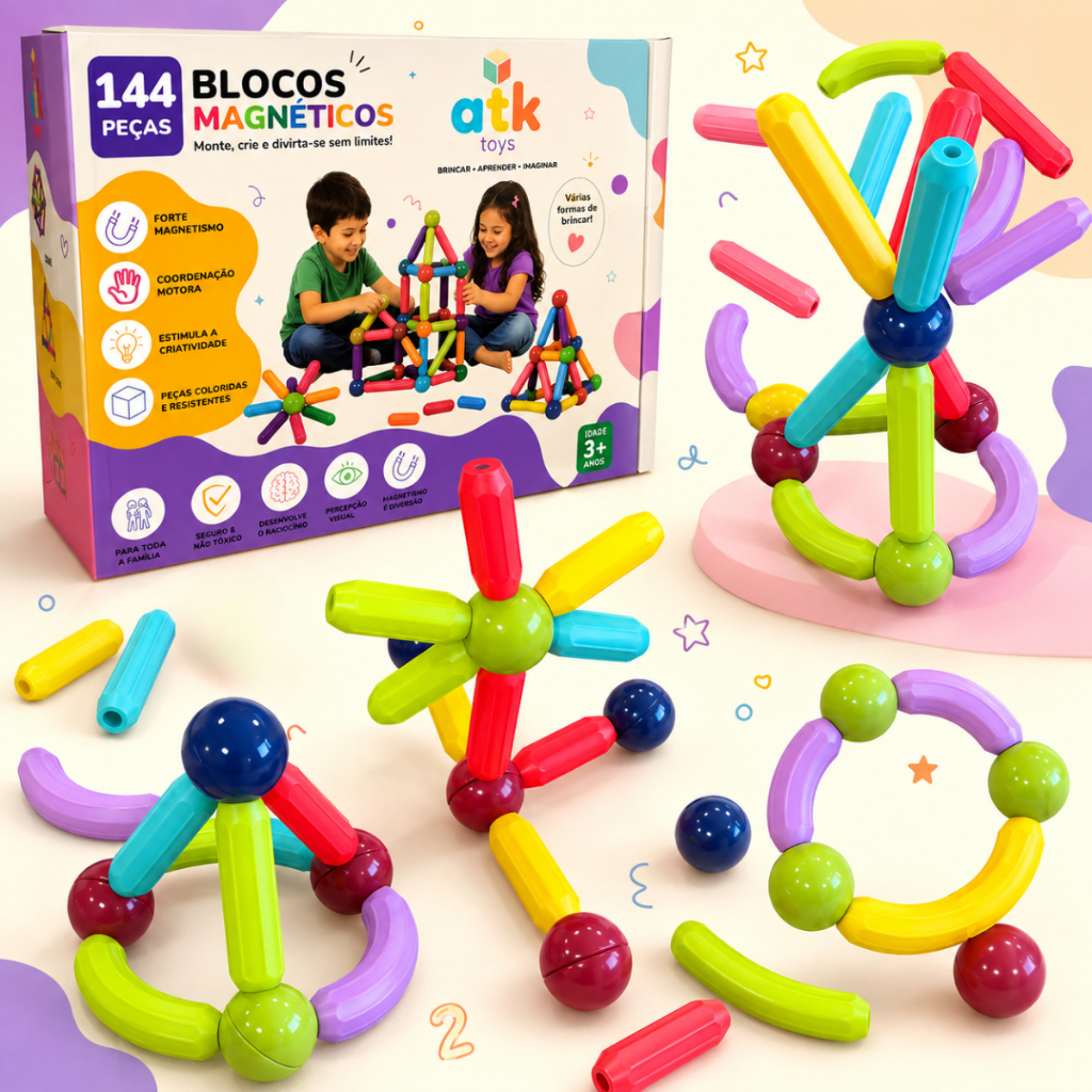 Blocos Magnéticos Educativos 144/128 Peças Infantil