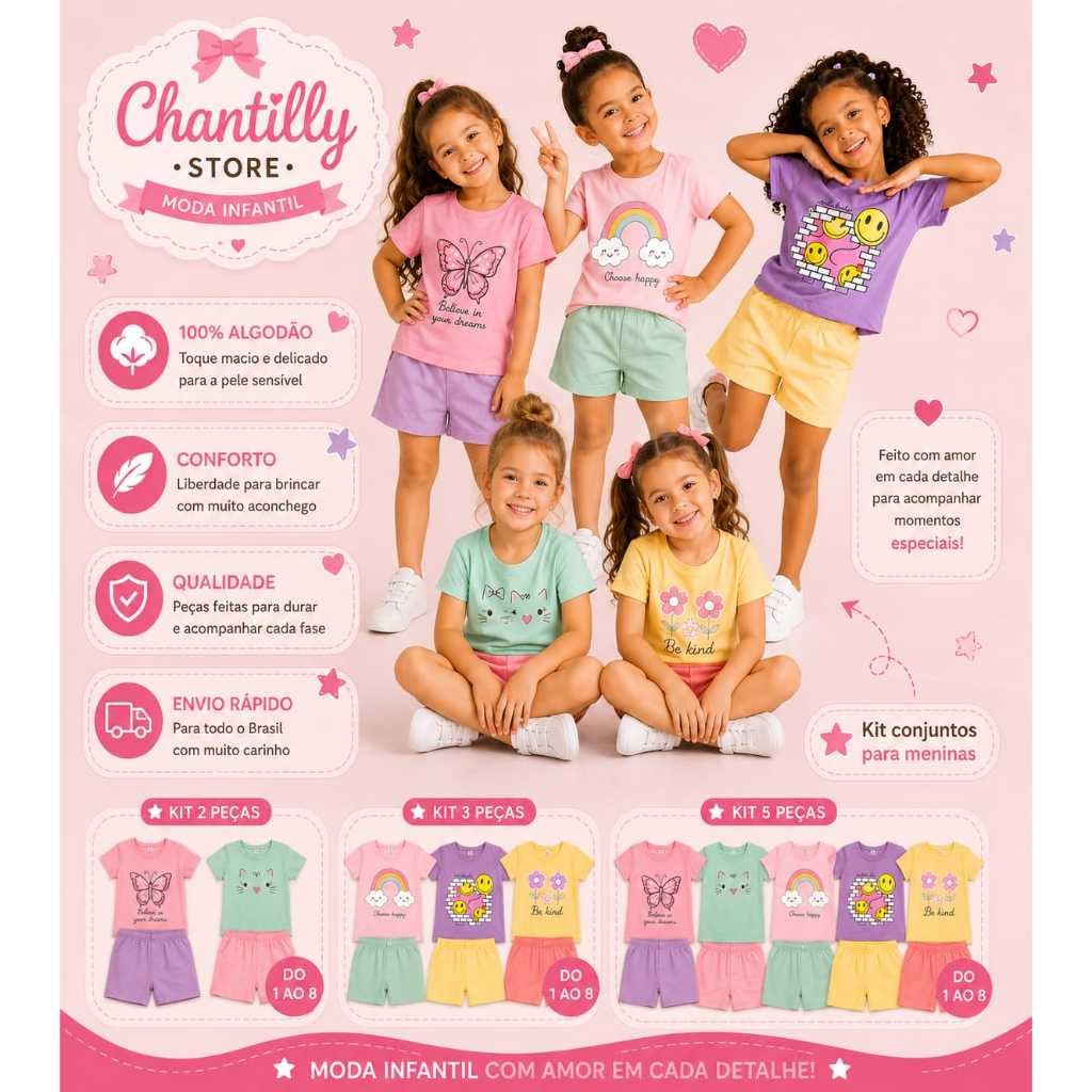 Kit Conjunto infantil Sortido 2 a 10 Peças de Roupas Infantil  Femininos/Meninas - Camiseta + Shorts Sortidos