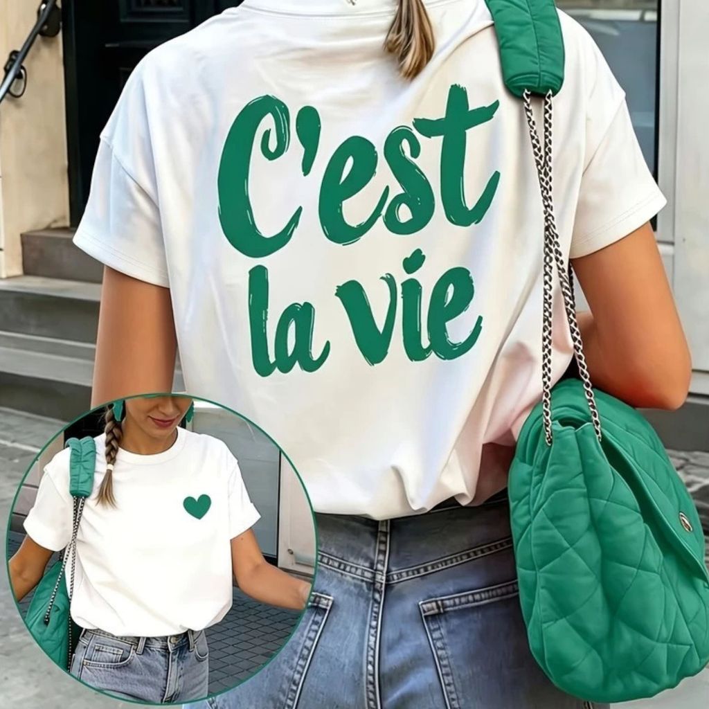 Camiseta Feminina Estampada Cest La Vie T Shirt Casual Algodão Manga Curta Moderna Confortável Moda Feminina