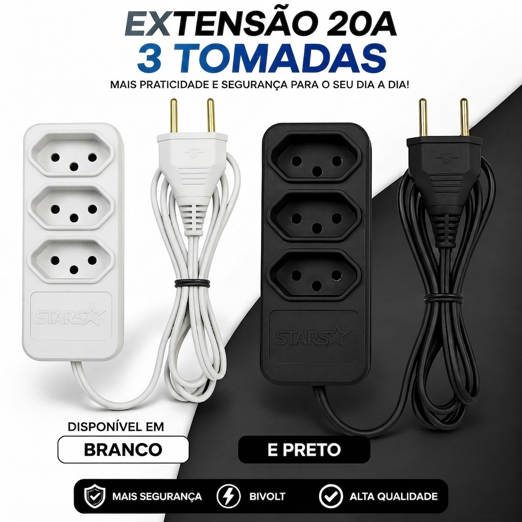 Extensão Elétrica 20A Bivolt Fio Reforçado 1m 2m 3m
