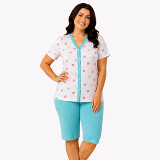 Pijama Feminino Pescador Aberto na Frente Manga Curta Bermuda Confortável