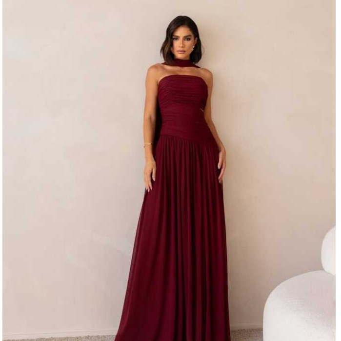 Vestido Longo de Festa Drapeado Feminino Sofisticado Elegante para Casamento Eventos e Ocasiões Especiais