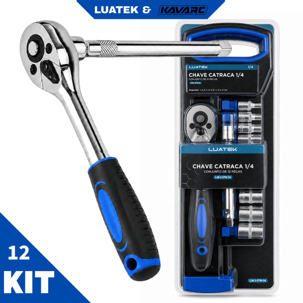 Kit Chave Catraca 1/4 12 Peças com Soquetes 4 a 13mm em Aço CR-V LUATEK