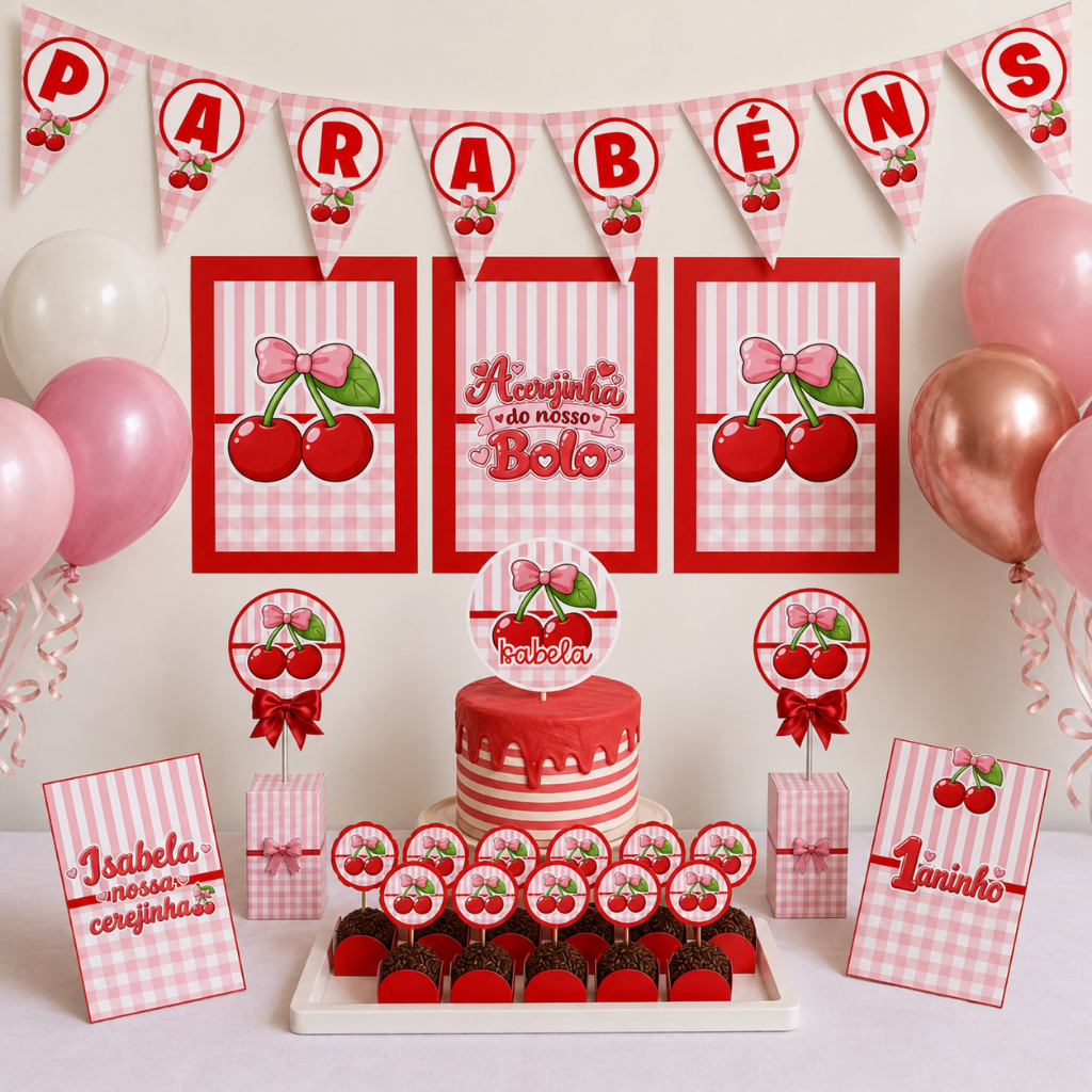 Kit Só um Bolinho Cerejinha Personalizado Aniversário Mesversário Festa Decoração