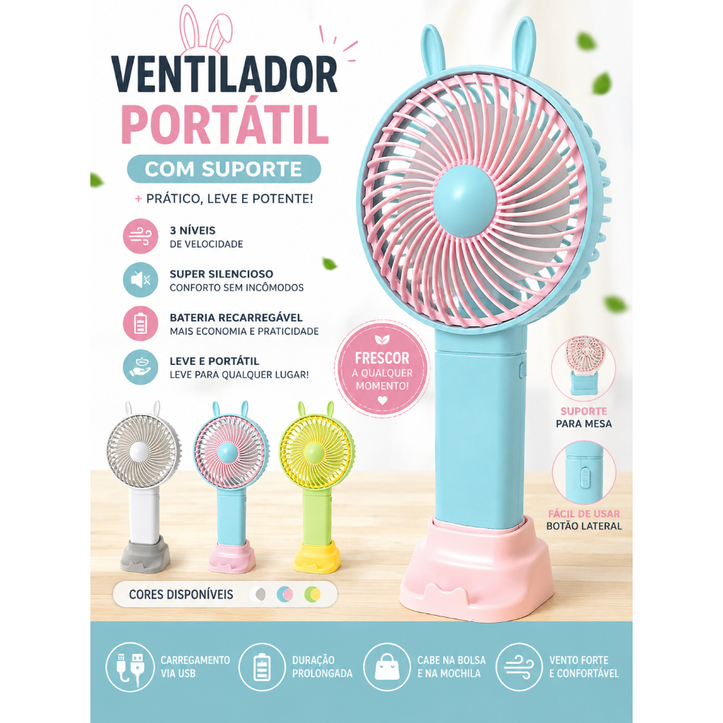 Mini Ventilador Portátil de Mão e Mesa Recarregável USB (Com Orelhinhas)